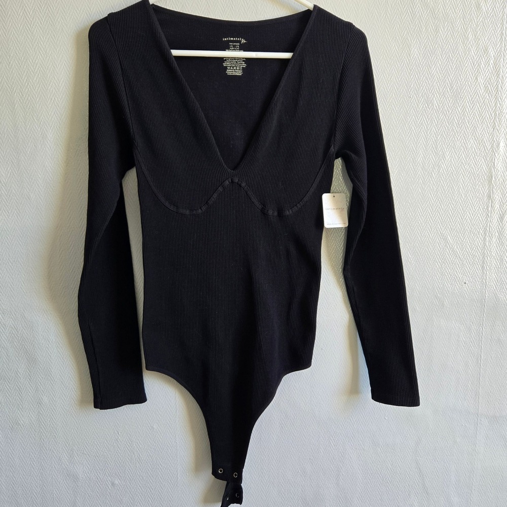 Free People Intimately Ribbed V Neck Long Sleeve Bodysuit Black L/XL